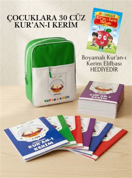 Çocuklara 30 Cüz Kuran-ı Kerim (Yeşil Çantalı) Boyamalı Kuran-ı Kerim Elifbası Hediyeli
